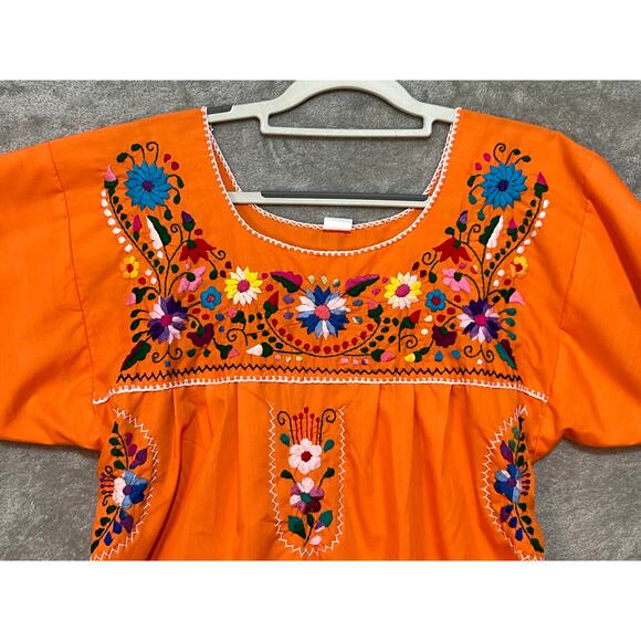 Zapoteco Mexican Dress Size Medium Orange Floral Feather Embroidered - Picture 2 of 7